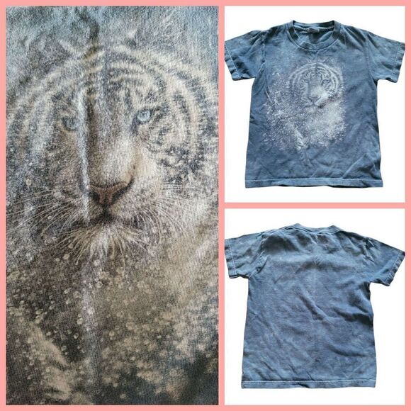 Vintage Big Cats White Tiger Blue & White Bleached Youth Tee, Size Small - Picture 1 of 6